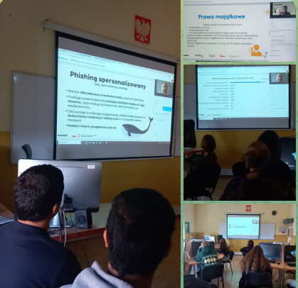 Kolaż 4 zdjęć: trzy z nich przedstawiają uczniów oglądających webinar, a jedno zdjęcie slajdu z webinaru.