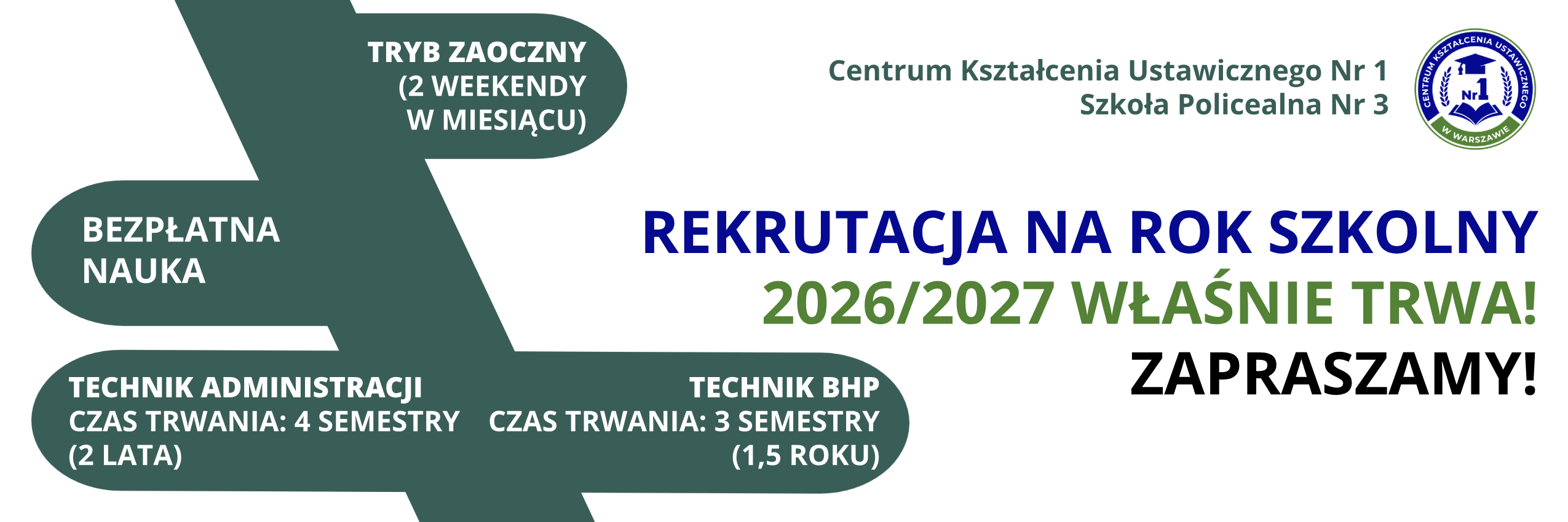 Grafika informująca o trwającej rekrutacji do szkoły policealnej na rok szkolny 2026/2027.